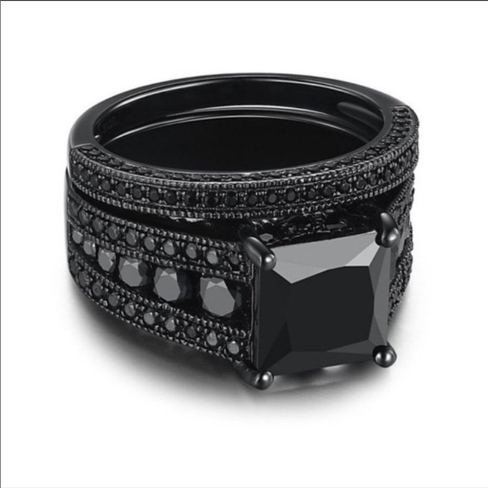 💎 18K BLACK SAPPHIRE DIAMOND STERLING SILVER RING - Picture 8 of 9